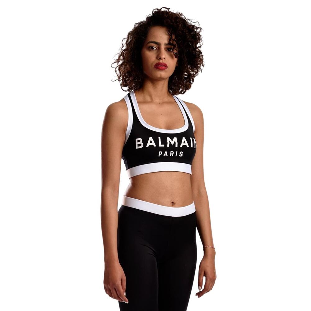 Balmain Logo Racerback Pullover Sports Bra Black and White Women's Size 34